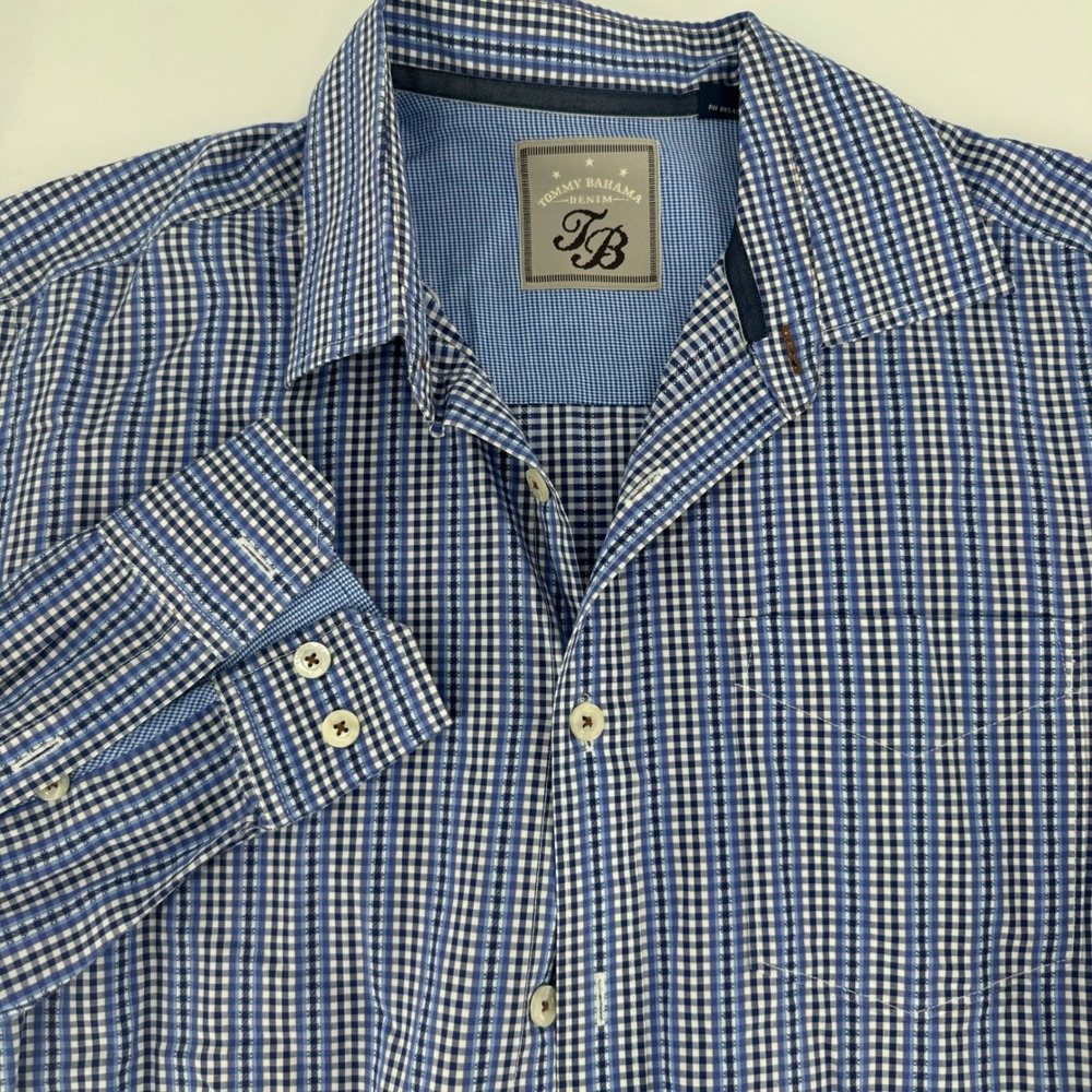 Tommy Bahama Denim Mens Large Blue White‎ Gingham Plaid Cotton Button Down Shirt